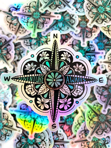 Adventure Awaits Compass - Holographic Sticker