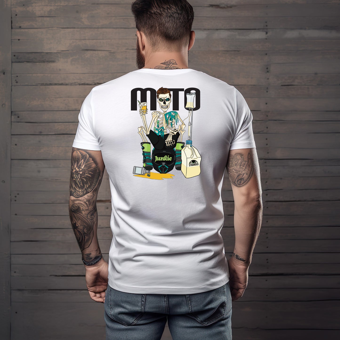 Male modeling White Moto Junkie tshirt
