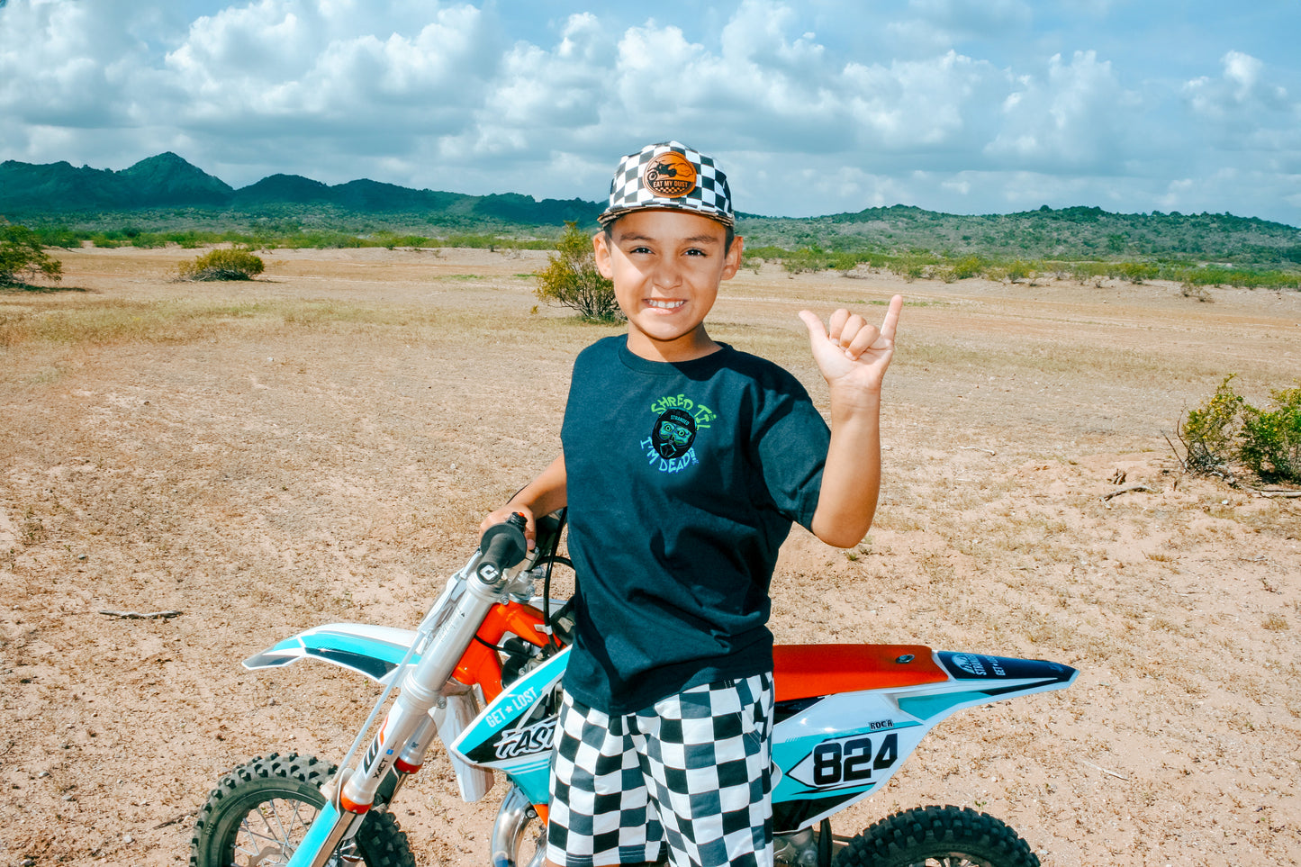 Boy modeling Shred Til Im Dead Shirt by Dirt bike