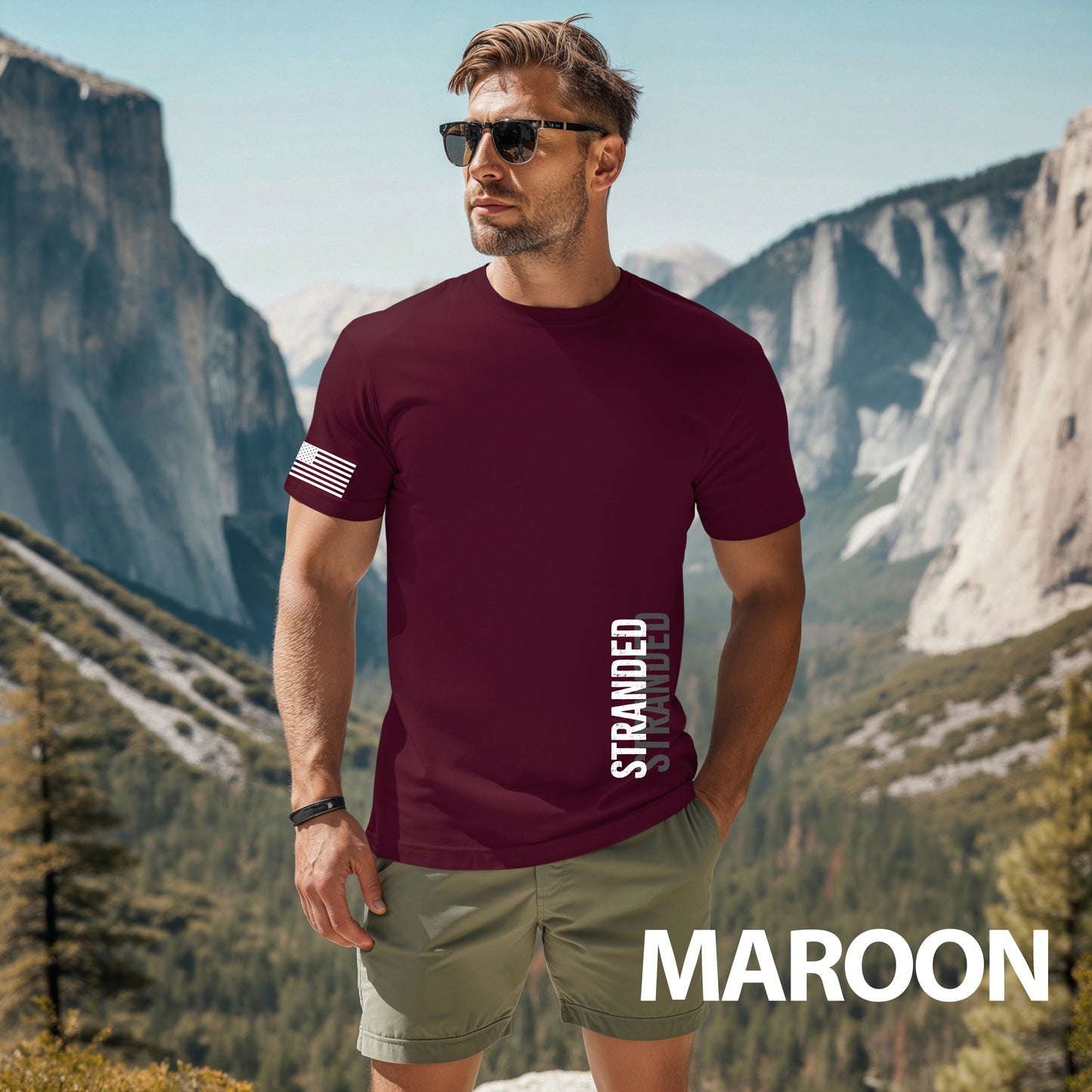 Man outside in maroon stranded shirt